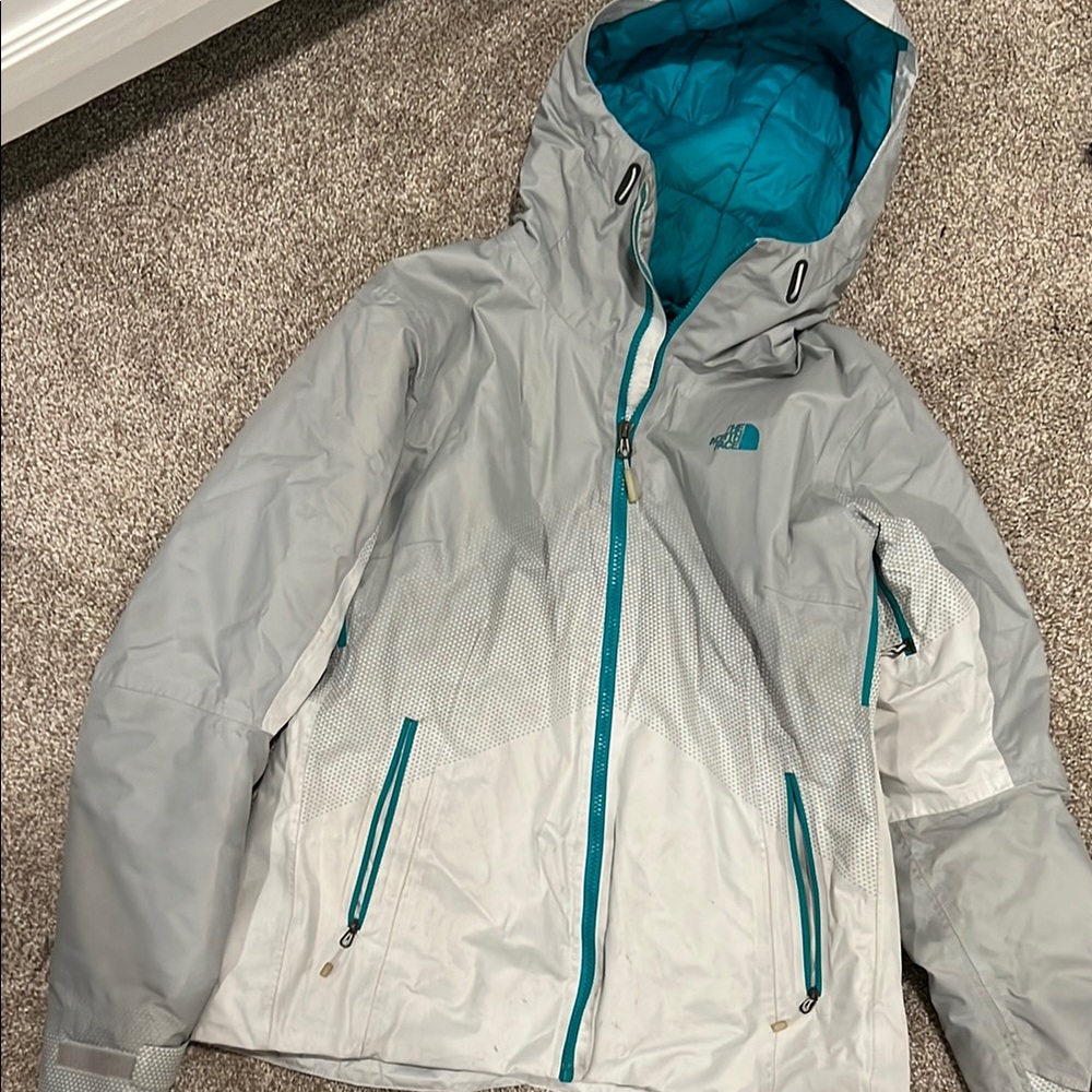 The North Face Light Gray and Teal Hooded Jacket